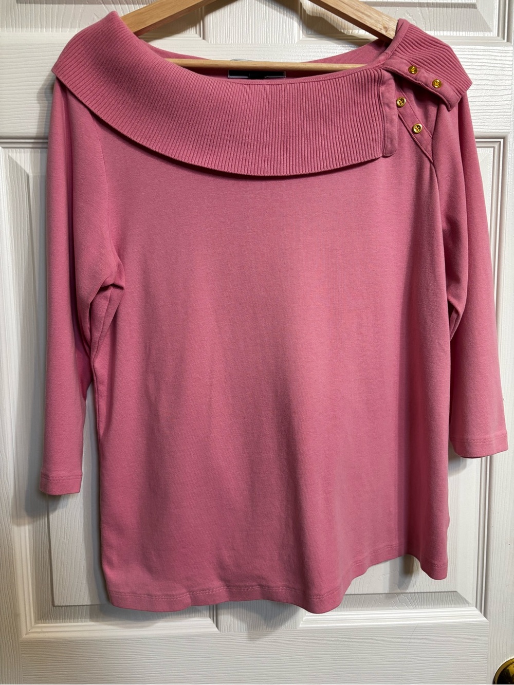 Karen Scott Dusty Rose Ballet-Neck Rib Collar Top with Gold Buttons